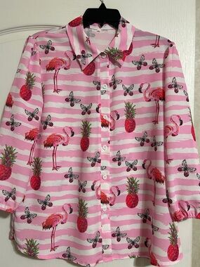 Pink Flamingo & Pineapple Button-Up Blouse